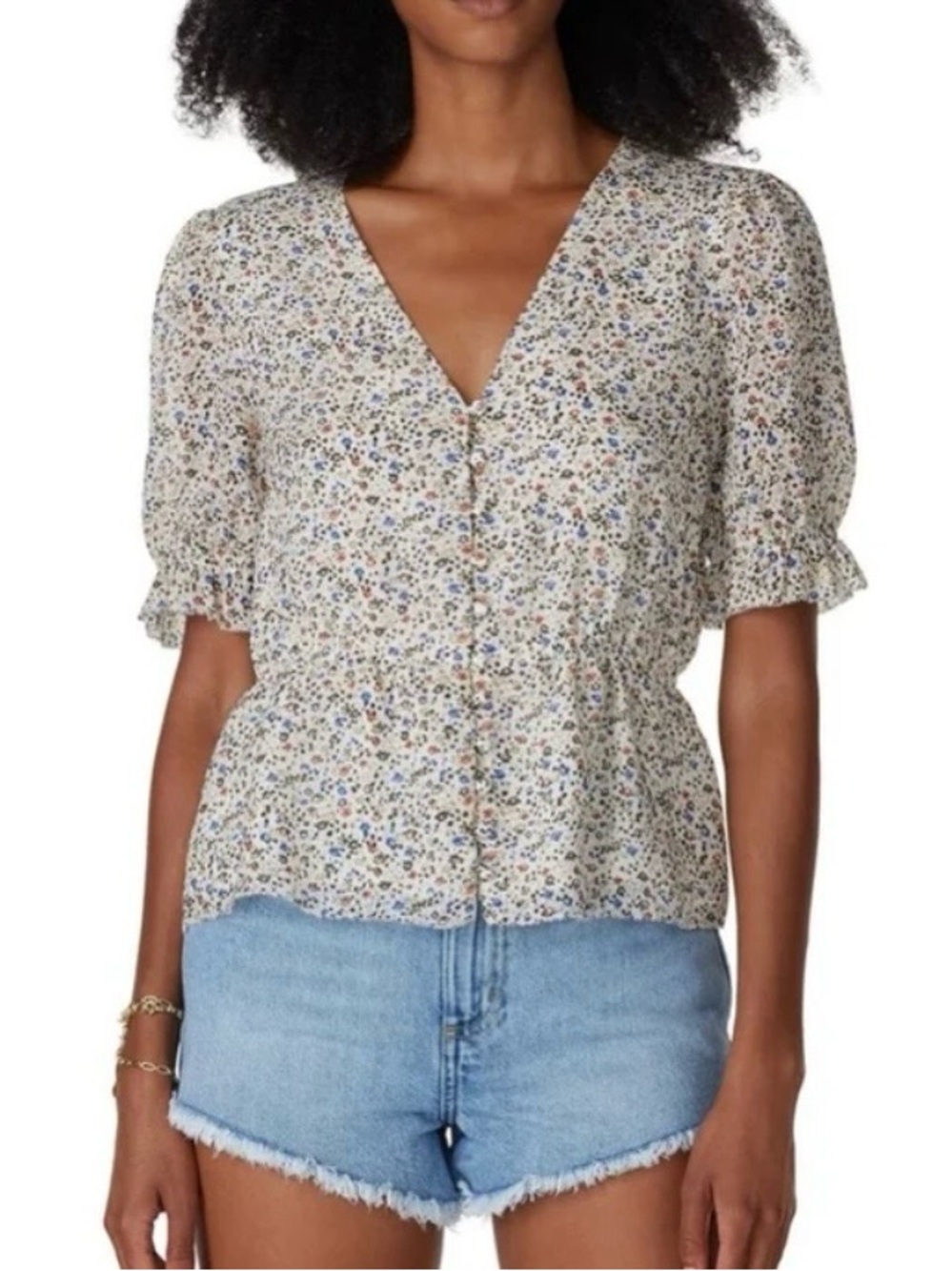 Madewell Cream Floral Button-Front V-Neck Peplum Blouse